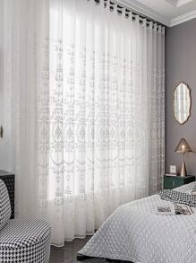 1pc Polyamide Sheer Panel Curtain, Modernist Floral Embroidered Light Filtering Privacy Sheer Curtain For Home - White - View 2