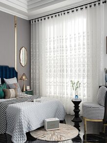 1pc Polyamide Sheer Panel Curtain, Modernist Floral Embroidered Light Filtering Privacy Sheer Curtain For Home - White - View 8