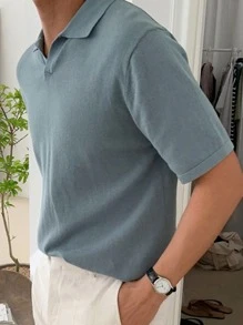 DAZY Men Solid Collared Knit Top - Dusty Blue - View 2