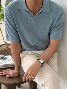 DAZY Men Solid Collared Knit Top - Dusty Blue - View 3