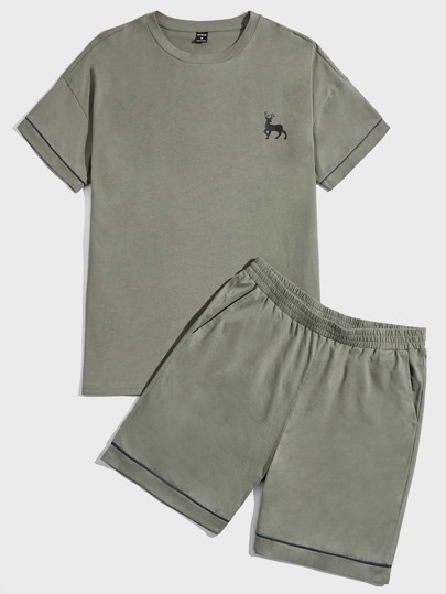 Guys Deer Print Contrast Piping PJ Set