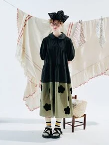 印花彼得潘領娃娃裙 - 黑色 - 查看 1