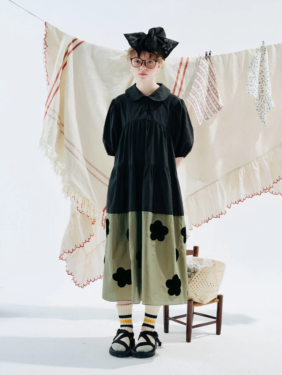 印花彼得潘領娃娃裙 - 黑色 - 查看 1