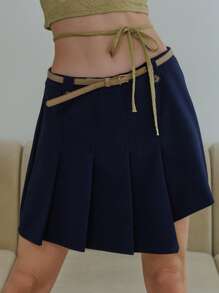 SHEIN Solid Asymmetrical Hem Pleated Skirt - Navy Blue - View 7