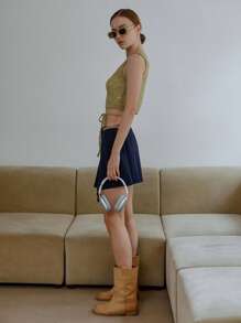 SHEIN Solid Asymmetrical Hem Pleated Skirt - Navy Blue - View 8