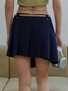 SHEIN Solid Asymmetrical Hem Pleated Skirt - Navy Blue - View 2