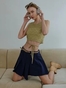 SHEIN Solid Asymmetrical Hem Pleated Skirt - Navy Blue - View 10