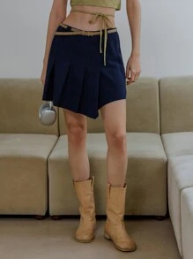 SHEIN Solid Asymmetrical Hem Pleated Skirt - Navy Blue - View 1