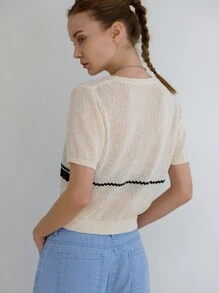 SHEIN Contrast Lace Crop Knit Top Without Bra - Beige - View 2