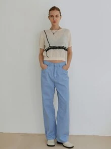 SHEIN Contrast Lace Crop Knit Top Without Bra - Beige - View 6