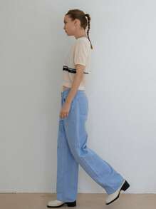 SHEIN Contrast Lace Crop Knit Top Without Bra - Beige - View 7