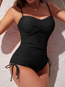 Swim Basics Summer Beach Twist Front Drawstring Side One Piece Swimsuit - Black - View 3
