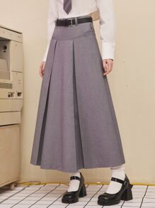 High Waist Pleated Skirt Without Belt - Grey - View 1