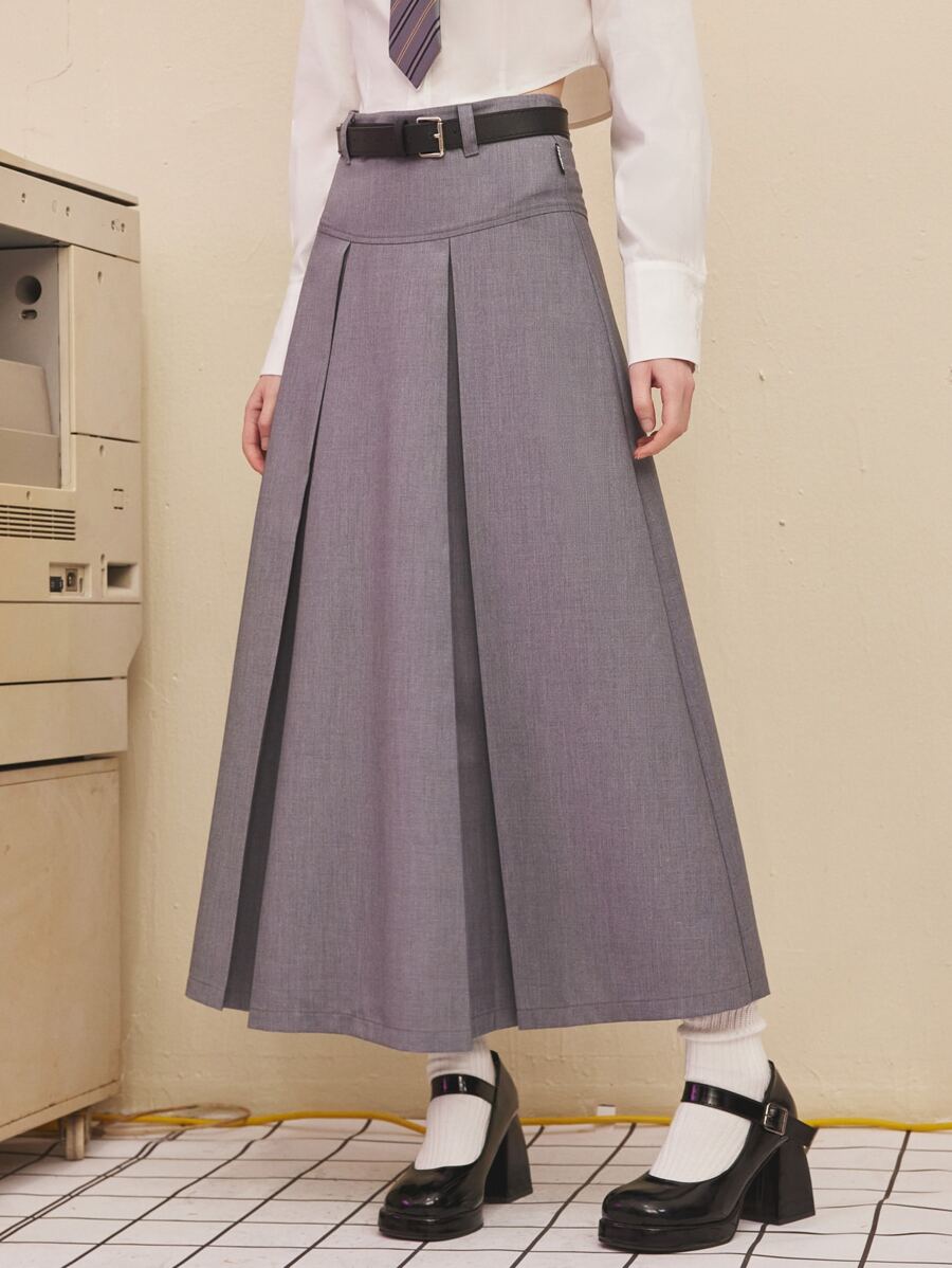 High Waist Pleated Skirt Without Belt - Grey - View 1