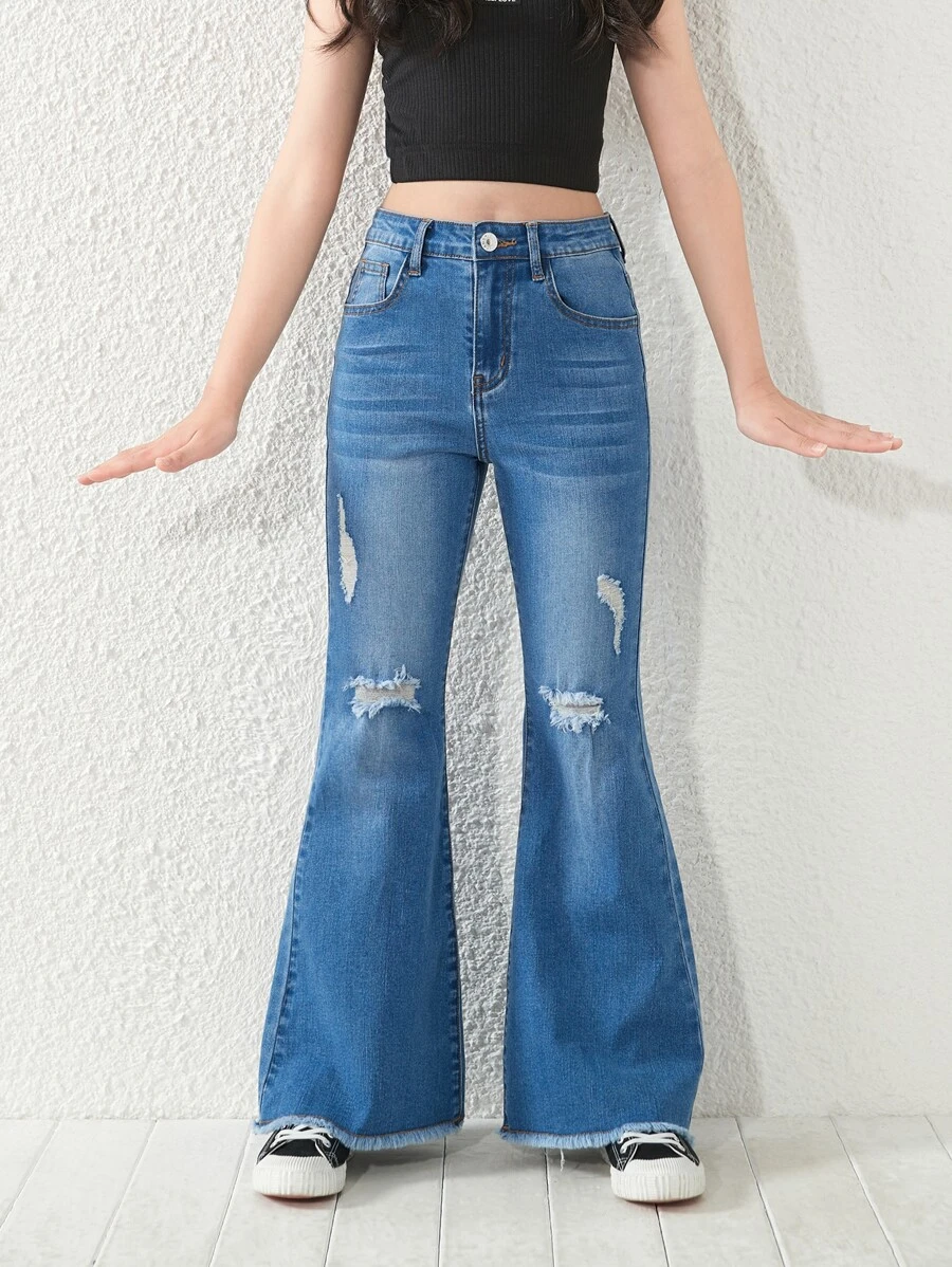 SHEIN 少女撕裂原始邊緣喇叭褲 - 中等水洗藍 - 查看 1