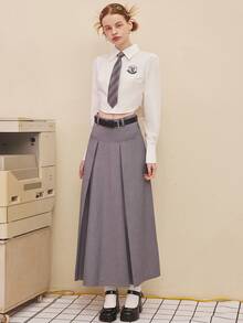 High Waist Pleated Skirt Without Belt - Grey - View 6
