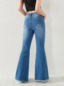 SHEIN 少女撕裂原始邊緣喇叭褲 - 中等水洗藍 - 查看 2