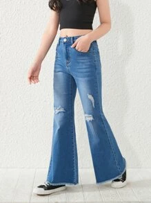 SHEIN 少女撕裂原始邊緣喇叭褲 - 中等水洗藍 - 查看 3