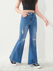 SHEIN 少女撕裂原始邊緣喇叭褲 - 中等水洗藍 - 查看 4