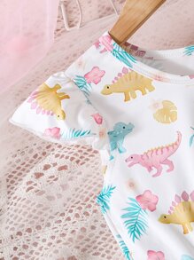 SHEIN Toddler Girls Dinosaur Print Ruffle Trim Dress - White - View 4