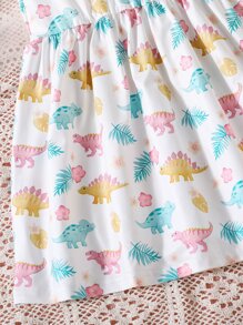SHEIN Toddler Girls Dinosaur Print Ruffle Trim Dress - White - View 5