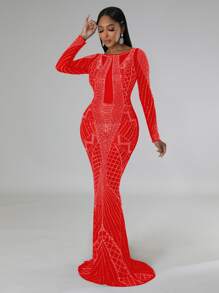 1pc Women's Rhinestone Decor Long Sleeve Mermaid Fitted Dress - Red - View 1