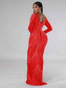 1pc Women's Rhinestone Decor Long Sleeve Mermaid Fitted Dress - Red - View 2