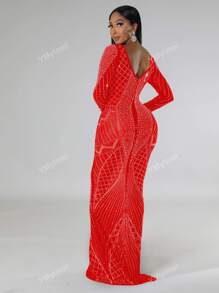 1pc Women's Rhinestone Decor Long Sleeve Mermaid Fitted Dress