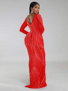 1pc Women's Rhinestone Decor Long Sleeve Mermaid Fitted Dress - Red - View 3