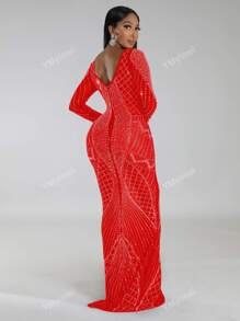 1pc Women's Rhinestone Decor Long Sleeve Mermaid Fitted Dress