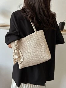 Khaki Straw Bag Skinny Scarf Decor Double Handle For Vacation - White - View 3