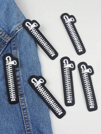 6pcs Zipper Design Iron-on Patch, Embroidered Polyester Patch For DIY Sewing
