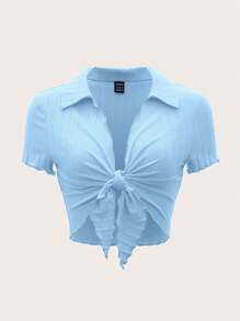 SHEIN MOD 前繫帶木耳邊短款T恤 - 淺藍色 - 查看 1