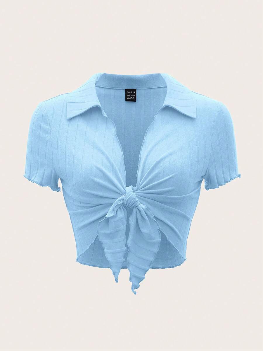 SHEIN MOD 前繫帶木耳邊短款T恤 - 淺藍色 - 查看 1