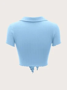 SHEIN MOD 前繫帶木耳邊短款T恤 - 淺藍色 - 查看 2