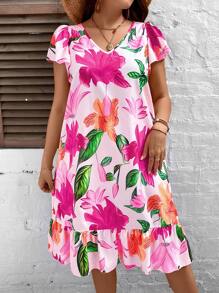 SHEIN Holidaya Vestido smock con estampado floral bajo con fruncido