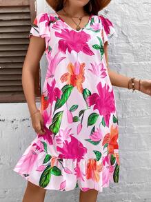 SHEIN Holidaya Vestido smock con estampado floral bajo con fruncido