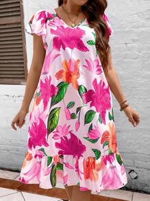 SHEIN Holidaya Vestido smock con estampado floral bajo con fruncido