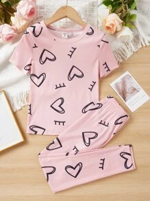 女孩愛心圖案緊身睡衣套裝 - 粉色 - 查看 1