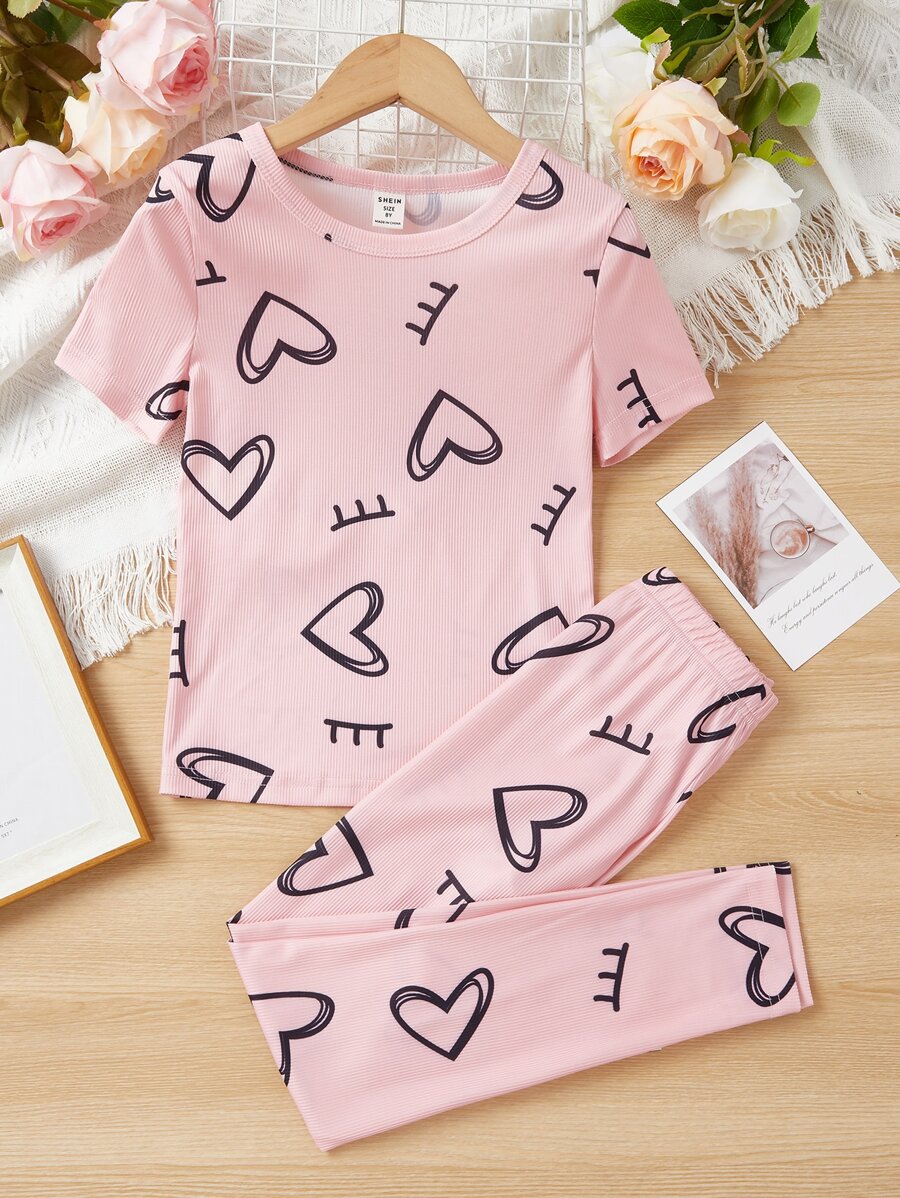 女孩愛心圖案緊身睡衣套裝 - 粉色 - 查看 1