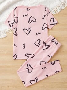 女孩愛心圖案緊身睡衣套裝 - 粉色 - 查看 2