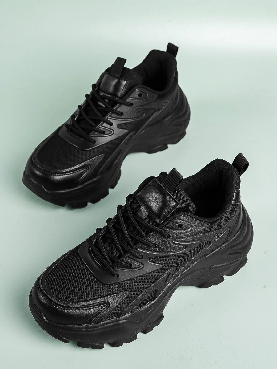 Adidași grosi cu șireturi în față, pantofi sport negri uni Pu pentru femei - Negru - Vizualizare 1