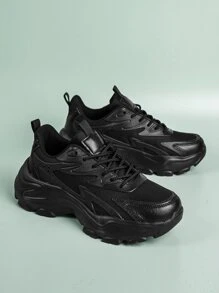 Adidași grosi cu șireturi în față, pantofi sport negri uni Pu pentru femei - Negru - Vizualizare 3