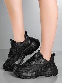 Adidași grosi cu șireturi în față, pantofi sport negri uni Pu pentru femei - Negru - Vizualizare 4