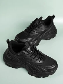 Adidași grosi cu șireturi în față, pantofi sport negri uni Pu pentru femei - Negru - Vizualizare 5