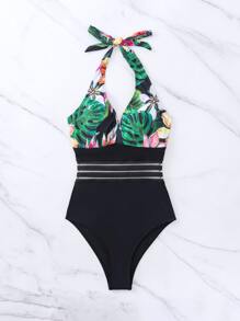 Summer Tropical Print Contrast Mesh Halter One Piece Swimsuit - Black - View 5