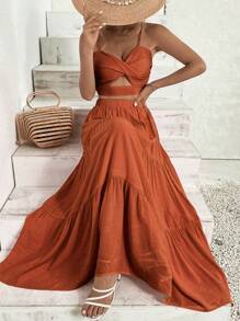 Breezaya Bộ đồ hai mảnh nữ phân lớp xoắn lại Dải chun màu trơn Boho - Rỉ Nâu - Xem 4