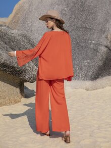 Rusttydustty 蕾絲拼接和服罩衫和闊腿褲不附腰帶 - 亮橙色 - 查看 2