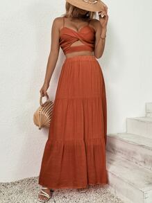 Breezaya Bộ đồ hai mảnh nữ phân lớp xoắn lại Dải chun màu trơn Boho - Rỉ Nâu - Xem 6