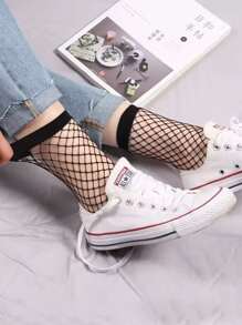 1pair Women Solid Fishnet Crew  Socks, For Summer